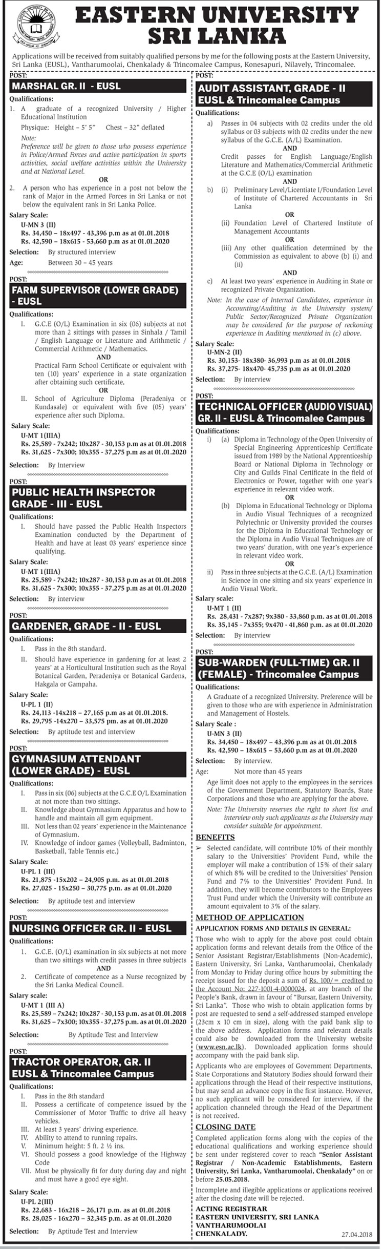 Marshal, Farm Supervisor, Public Health Inspector, Gardener, Gymnasium Attendant, Nursing Officer, Tractor Operator, Audit Assistant, Technical Officer, Sub Warden - Eastern University